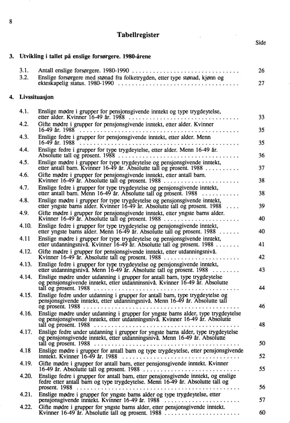 Kvinner 16-49 år. 1988 33 4.2. Gifte modre i grupper for pensjonsgivende inntekt, etter alder. Kvinner 16-49 år. 1988 35 4.3. Enslige fedre i grupper for pensjonsgivende inntekt, etter alder.