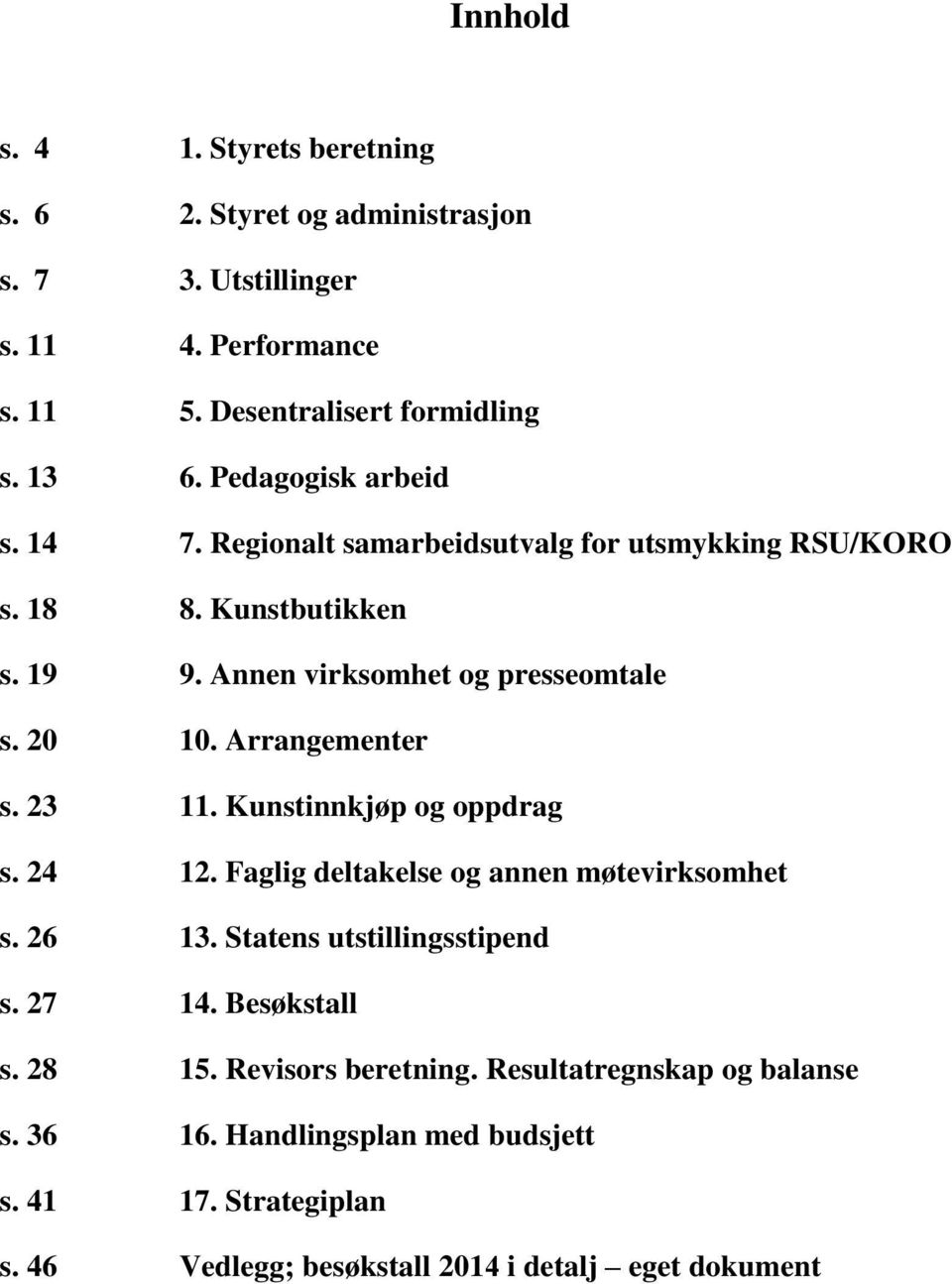 Arrangementer s. 23 11. Kunstinnkjøp og oppdrag s. 24 12. Faglig deltakelse og annen møtevirksomhet s. 26 13. Statens utstillingsstipend s. 27 14.