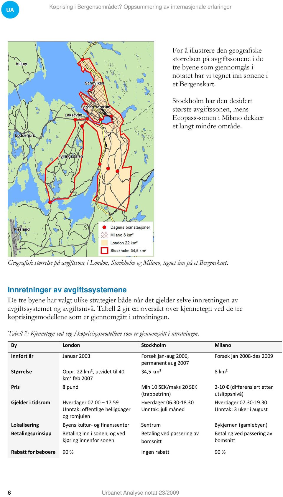 Geografisk størrelse på avgiftssone i London, Stockholm og Milano, tegnet inn på et Bergenskart.