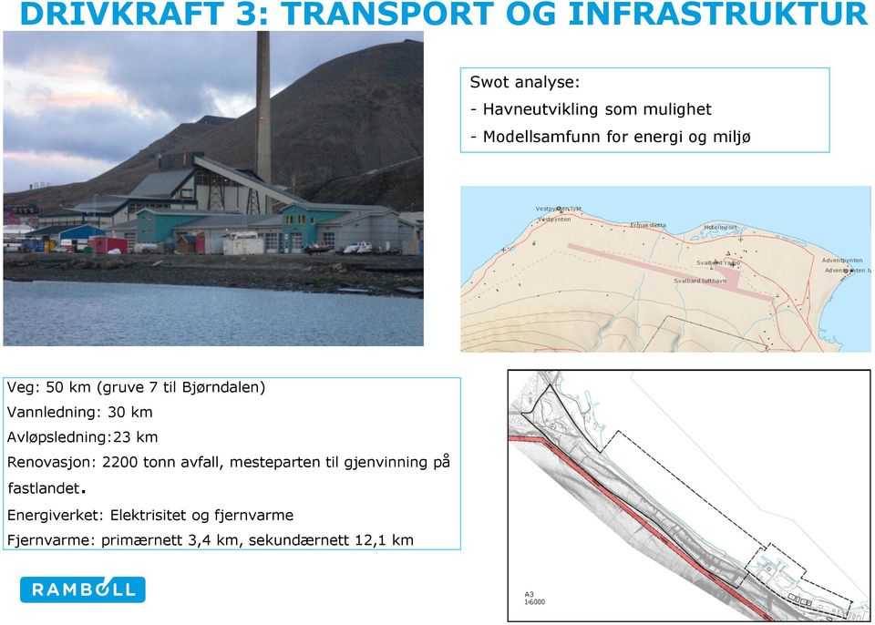 Avløpsledning:23 km Renovasjon: 2200 tonn avfall, mesteparten til gjenvinning på