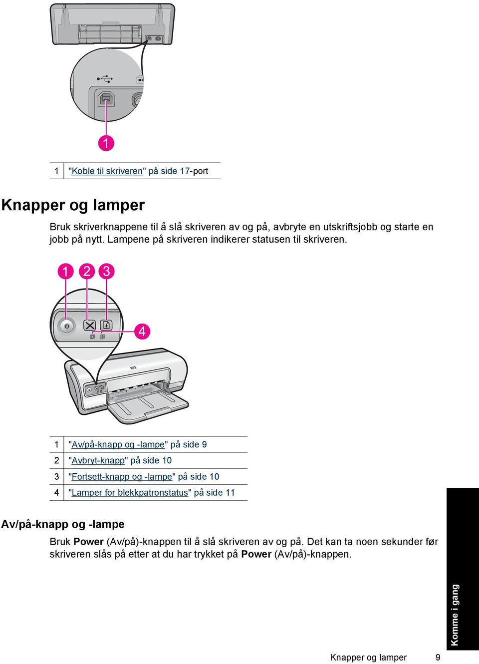 1 "Av/på-knapp og -lampe" på side 9 2 "Avbryt-knapp" på side 10 3 "Fortsett-knapp og -lampe" på side 10 4 "Lamper for blekkpatronstatus" på