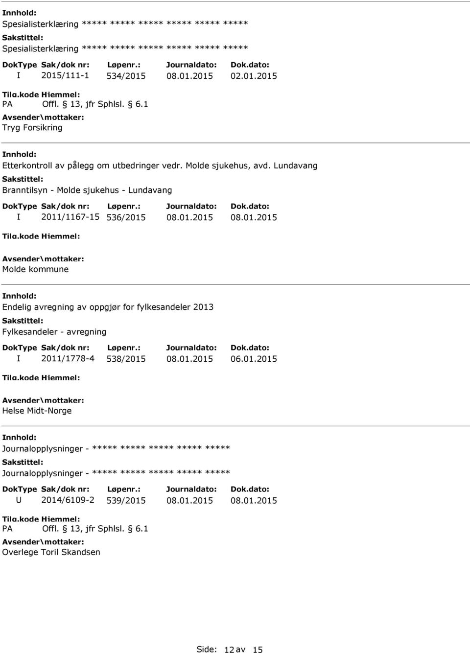 Lundavang Branntilsyn - Molde sjukehus - Lundavang 2011/1167-15 536/2015 Molde kommune Endelig avregning av