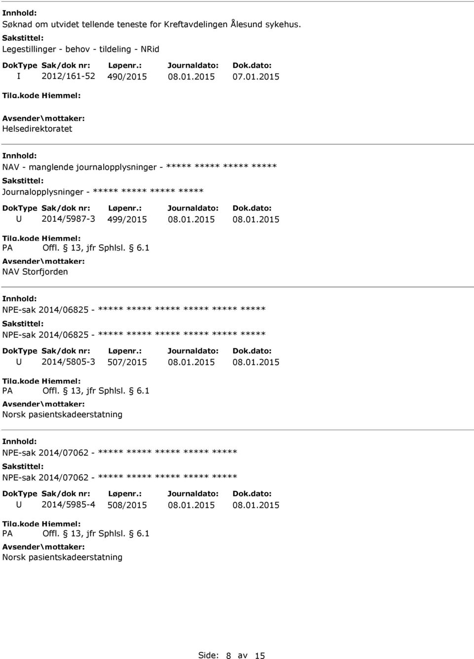 manglende journalopplysninger - Journalopplysninger - 2014/5987-3 499/2015 NAV Storfjorden