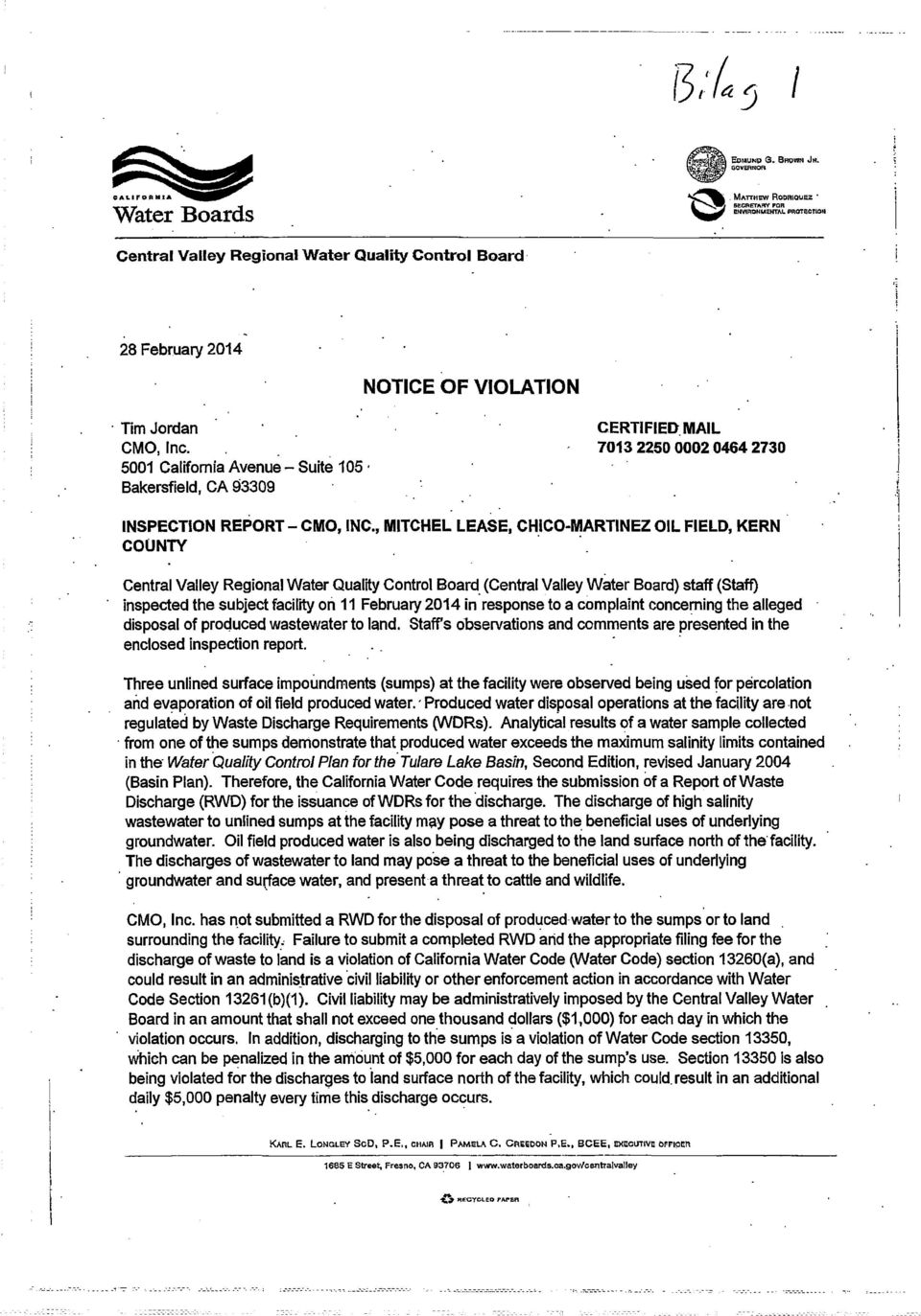 , M IT C H E L L E A S E, C H IC O -M A R T IN E Z O IL FIE LD, K E R N C O U N T Y Central V alley Regional W ater Quality Control Board (Central Valley W a te r Board) staff (Staff) inspected the