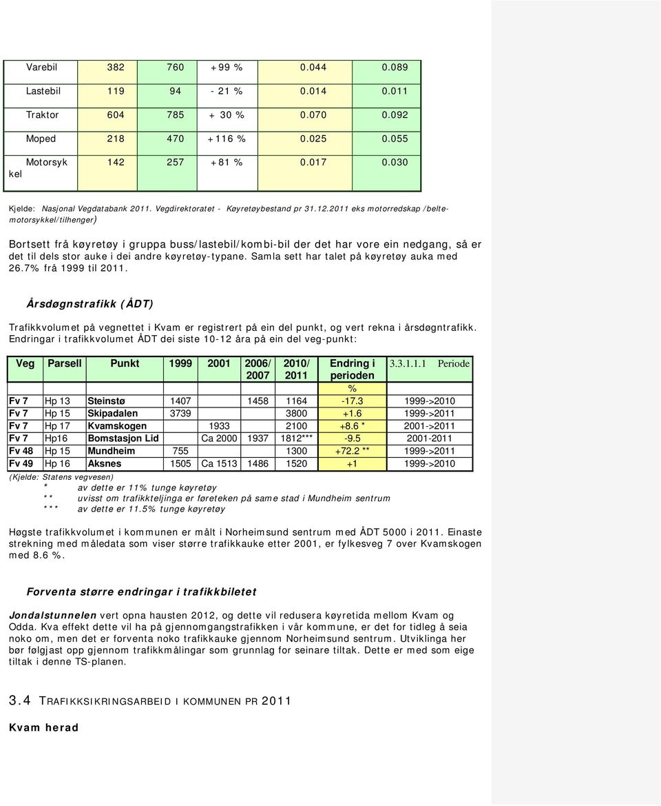 2011 eks motorredskap /beltemotorsykkel/tilhenger) Bortsett frå køyretøy i gruppa buss/lastebil/kombi-bil der det har vore ein nedgang, så er det til dels stor auke i dei andre køyretøy-typane.