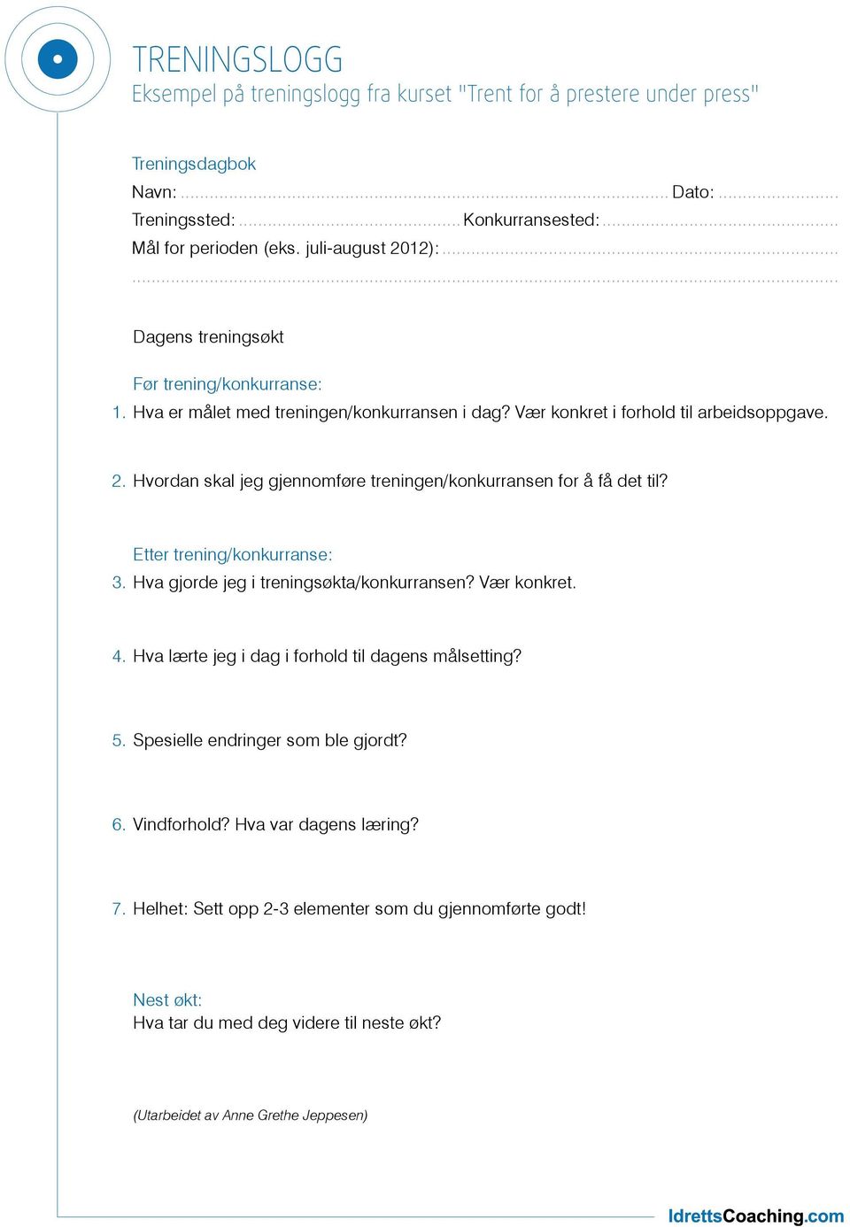 Etter trening/konkurranse: 3. Hva gjorde jeg i treningsøkta/konkurransen? Vær konkret. 4. Hva lærte jeg i dag i forhold til dagens målsetting? 5. Spesielle endringer som ble gjordt? 6.