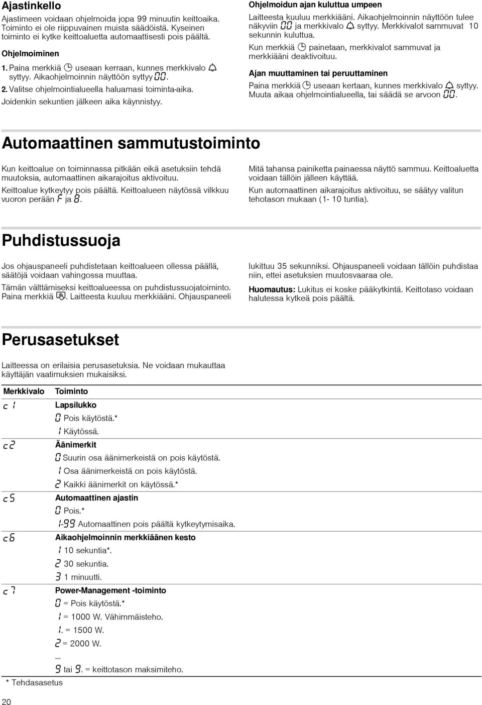 Joidenkin sekuntien jälkeen aika käynnistyy. Ohjelmoidun ajan kuluttua umpeen Laitteesta kuuluu merkkiääni. Aikaohjelmoinnin näyttöön tulee näkyviin ja merkkivalo W syttyy.