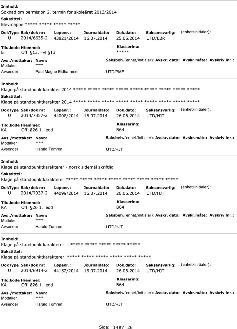 2014 TD/HJT Harald Tomren TD/HJT Klage på standpunktkarakterer - norsk sidemål skriftlig Klage på standpunktkarakterer 2014/7037-2