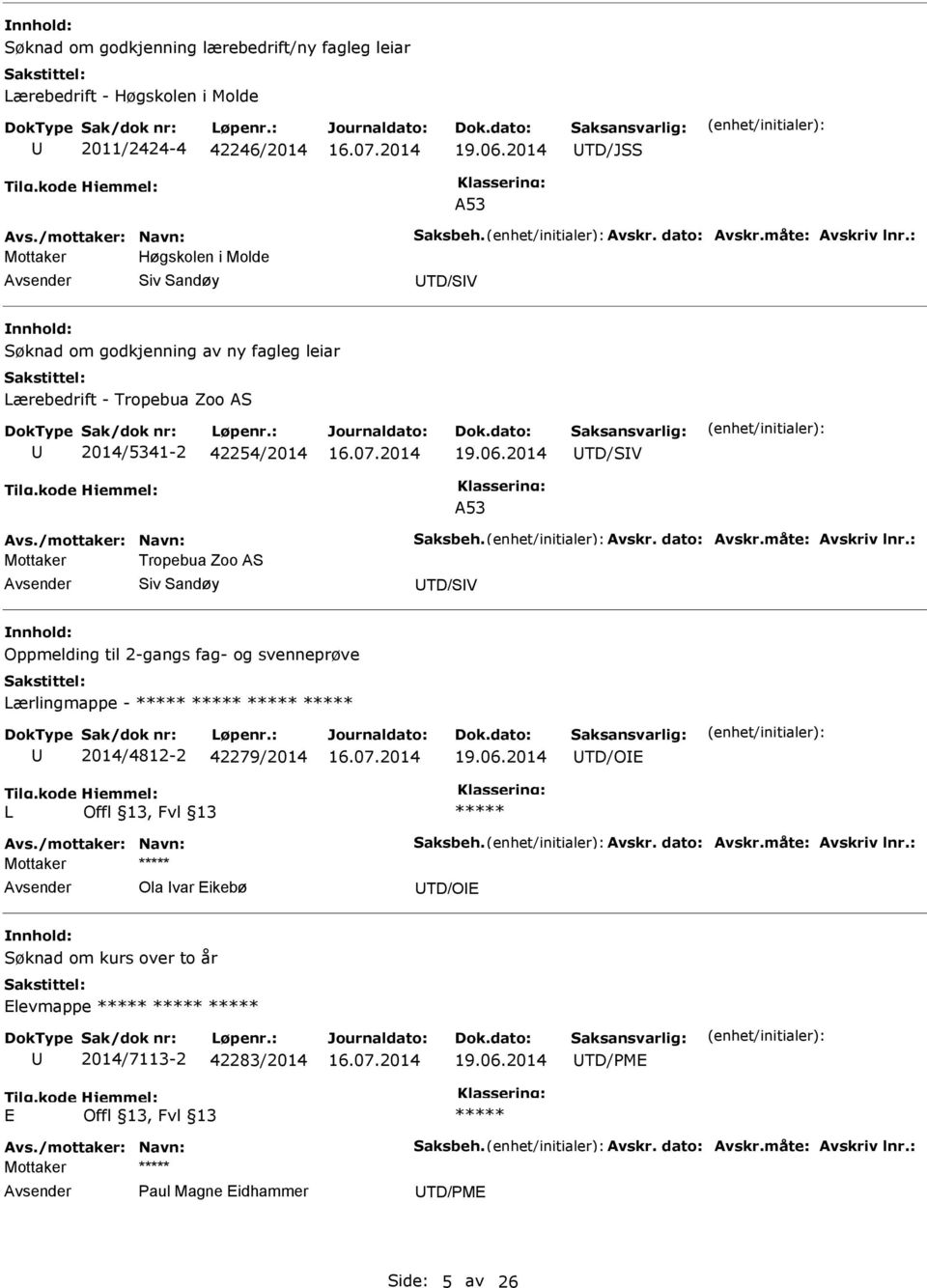 TD/SV A53 Mottaker Tropebua Zoo AS Siv Sandøy TD/SV Oppmelding til 2-gangs fag- og svenneprøve Lærlingmappe - 2014/4812-2