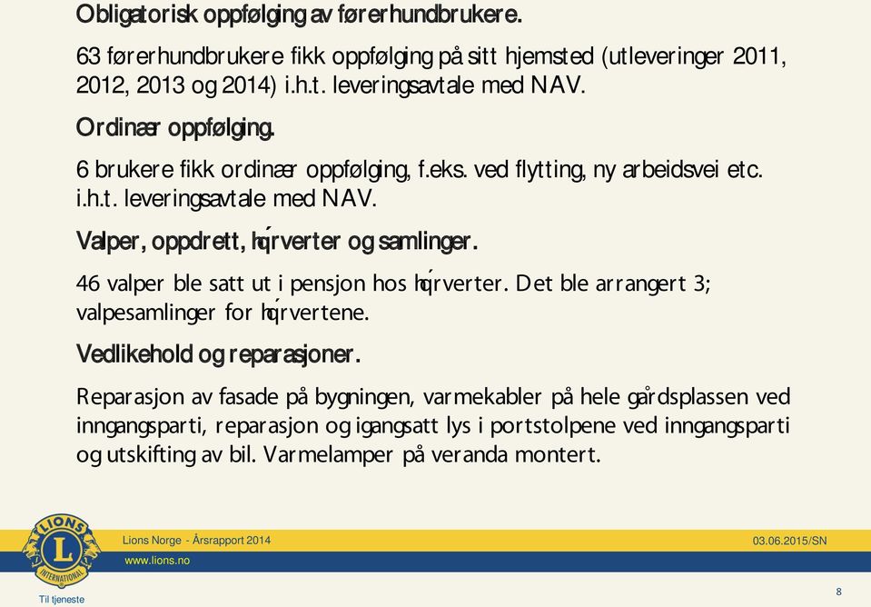 Valper, oppdrett, hq ŕ ver ter og samlinger. 46 valper ble satt ut i pensjon hos hq ŕverter. Det ble arrangert 3; valpesamlinger for hq ŕvertene.