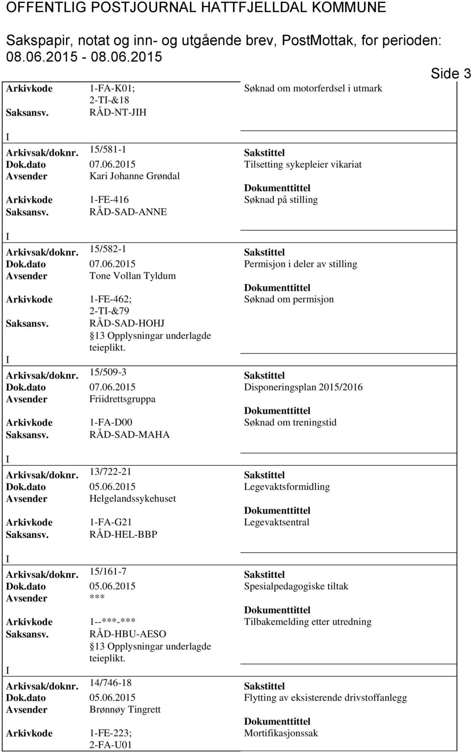 2015 Permisjon i deler av stilling Avsender Tone Vollan Tyldum Arkivkode 1-FE-462; Søknad om permisjon 2-T-&79 Saksansv. RÅD-SAD-HOHJ Arkivsak/doknr. 15/509-3 Sakstittel Dok.dato 07.06.