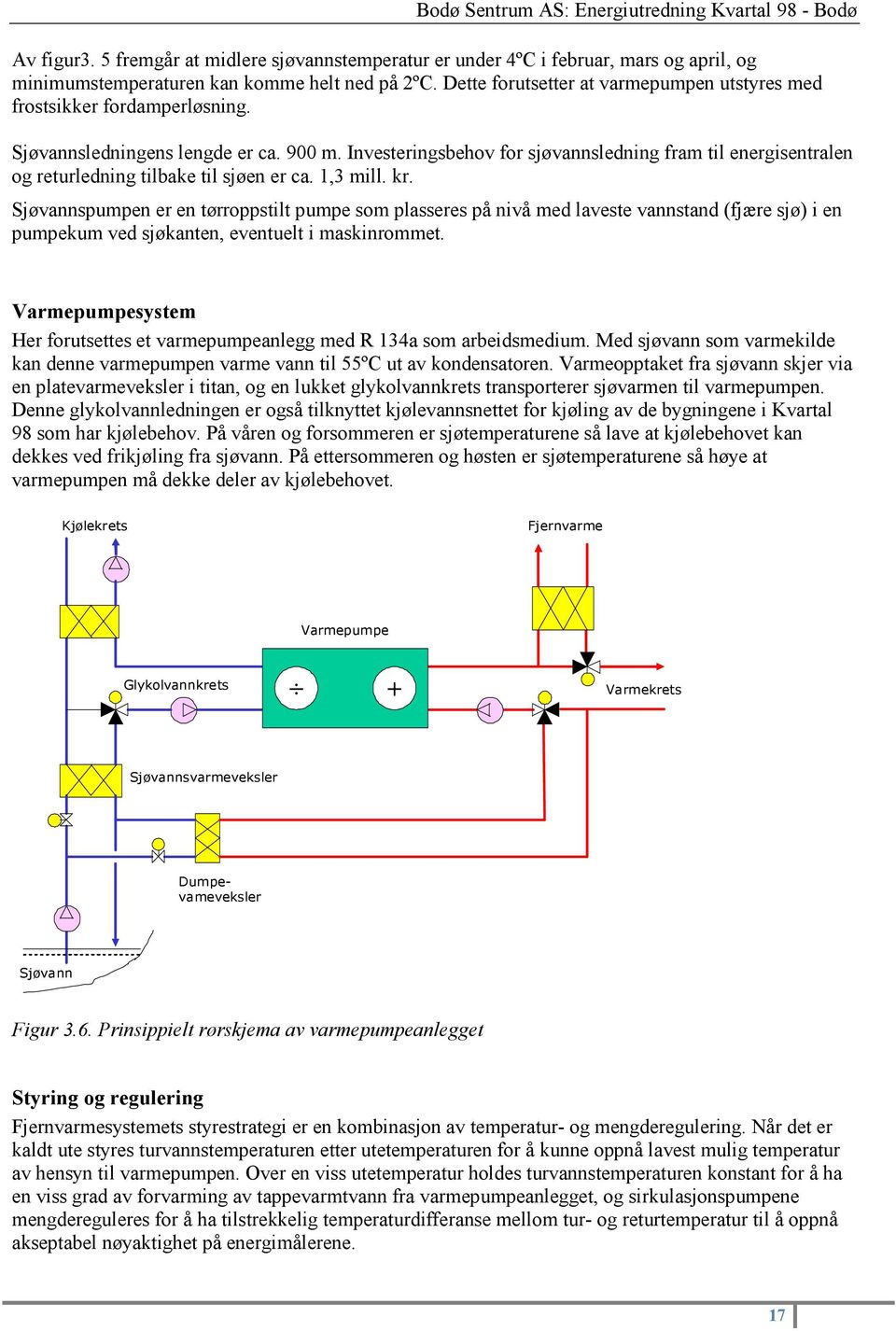 Investeringsbehov for sjøvannsledning fram til energisentralen og returledning tilbake til sjøen er ca. 1,3 mill. kr.