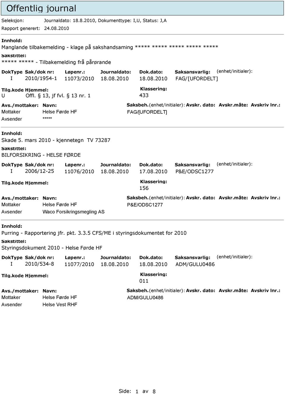 Avsender nnhold: Skade 5. mars 2010 - kjennetegn TV 73287 BLFORSKRNG - HELSE FØRDE 2006/12-25 11076/2010 17.08.