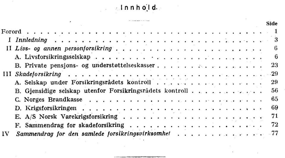 Gjensidige selskap utenfor Forsikringsrådets kontroll..... 56 C. Norges Brandkasse 65 D. Krigsforsikringen.. 69 E.