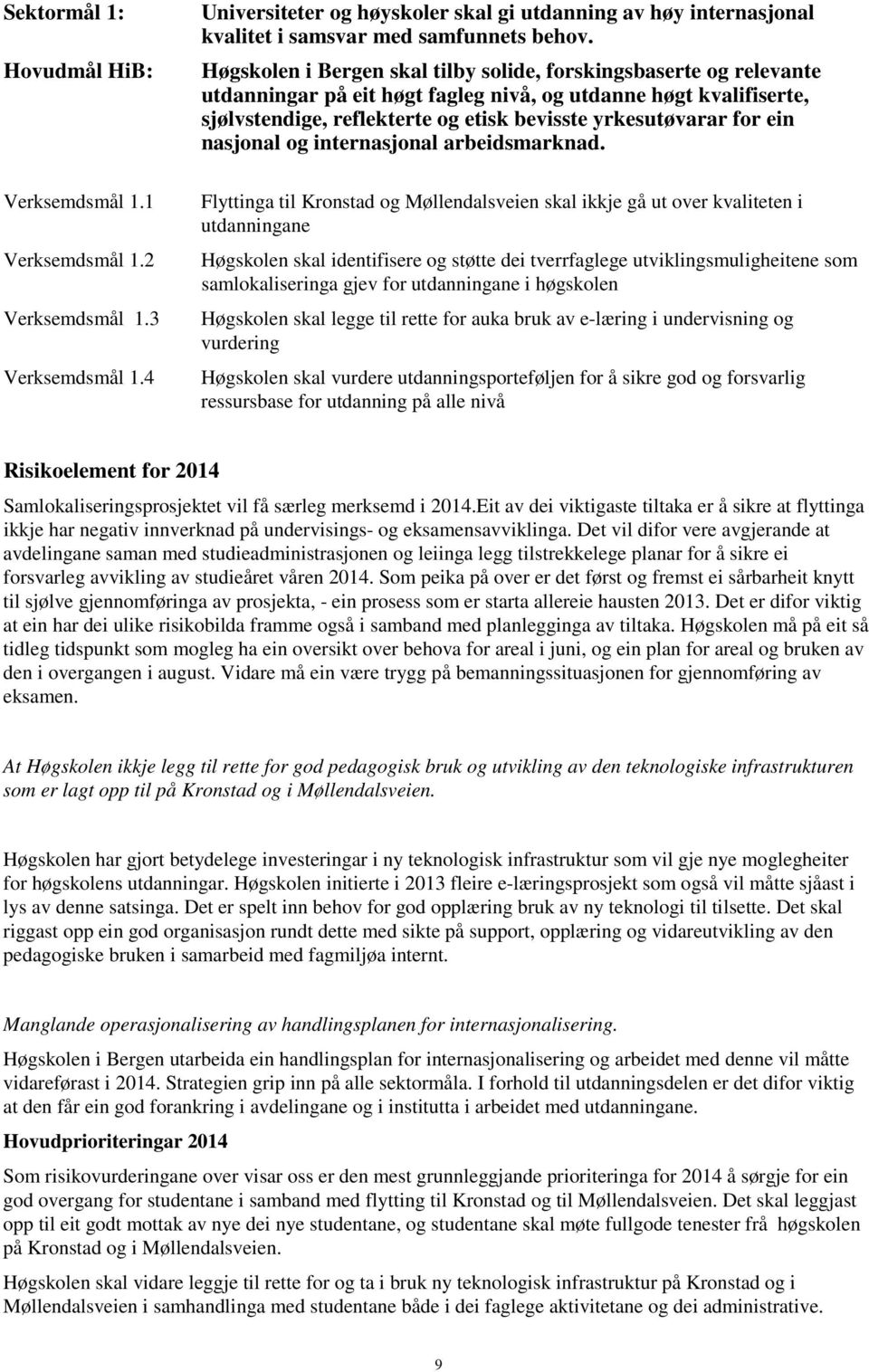 Høgskolen i Bergen skal tilby solide, forskingsbaserte og relevante utdanningar på eit høgt fagleg nivå, og utdanne høgt kvalifiserte, sjølvstendige, reflekterte og etisk bevisste yrkesutøvarar for