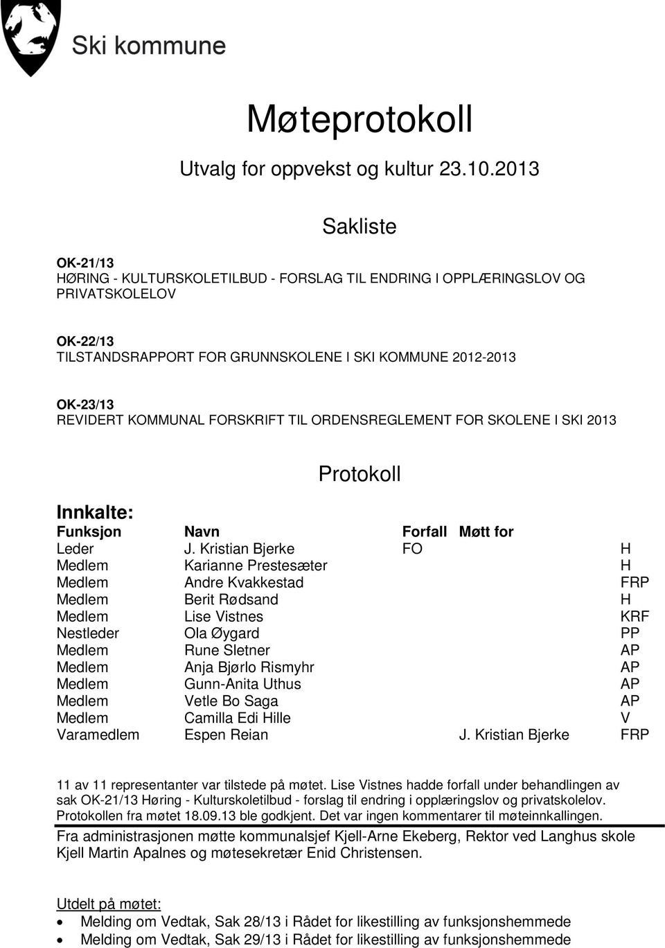 FORSKRIFT TIL ORDENSREGLEMENT FOR SKOLENE I SKI 2013 Protokoll Innkalte: Funksjon Navn Forfall Møtt for Leder J.