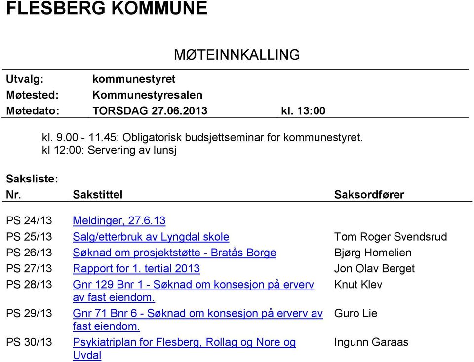 13 PS 25/13 Salg/etterbruk av Lyngdal skole Tom Roger Svendsrud PS 26/13 Søknad om prosjektstøtte - Bratås Borge Bjørg Homelien PS 27/13 Rapport for 1.