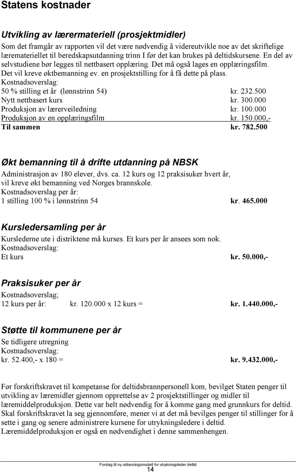 en prosjektstilling for å få dette på plass. Kostnadsoverslag: 50 % stilling et år (lønnstrinn 54) kr. 232.500 Nytt nettbasert kurs kr. 300.000 Produksjon av lærerveiledning kr. 100.