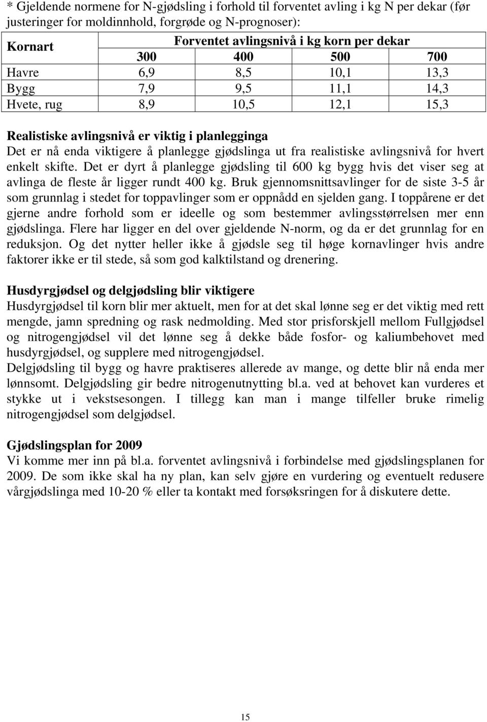 realistiske avlingsnivå for hvert enkelt skifte. Det er dyrt å planlegge gjødsling til 600 kg bygg hvis det viser seg at avlinga de fleste år ligger rundt 400 kg.