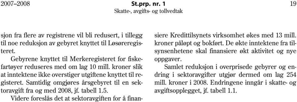 Samtidig omgjøres årsgebyret til en sektoravgift fra og med 2008, jf. tabell 1.5. Videre foreslås det at sektoravgiften for å finansiere Kredittilsynets virksomhet økes med 13 mill.