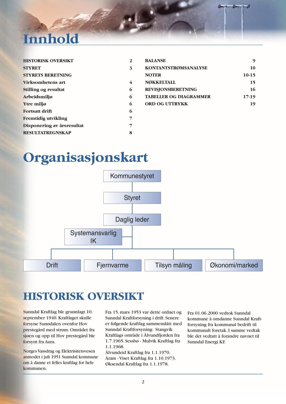 Systemansvarlig IK Daglig leder Drift Fjernvarme Tilsyn måling Økonomi/marked HISTORISK OVERSIKT Sunndal Kraftlag ble grunnlagt 10. september 1940.