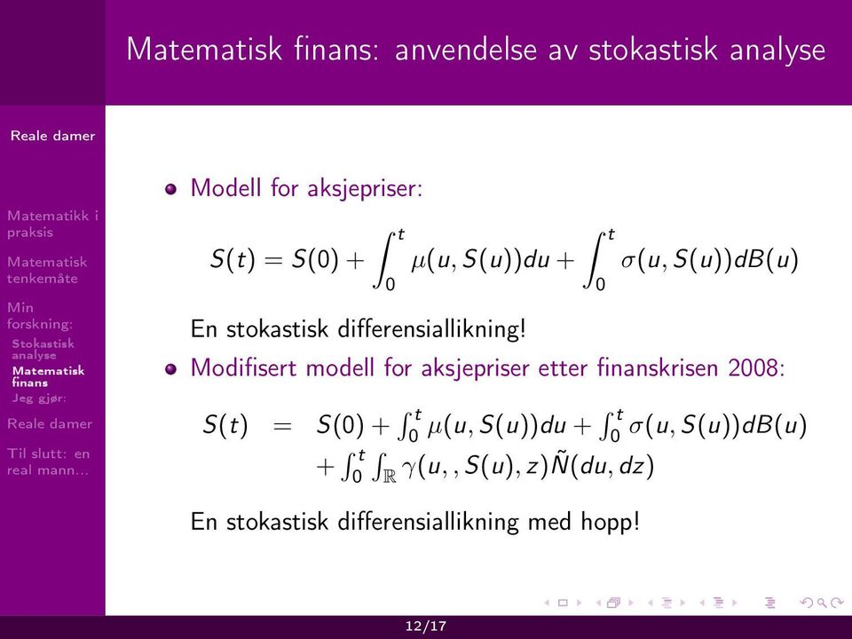 Modifisert modell for aksjepriser etter krisen 2008: S(t) = S(0) + t 0 µ(u,