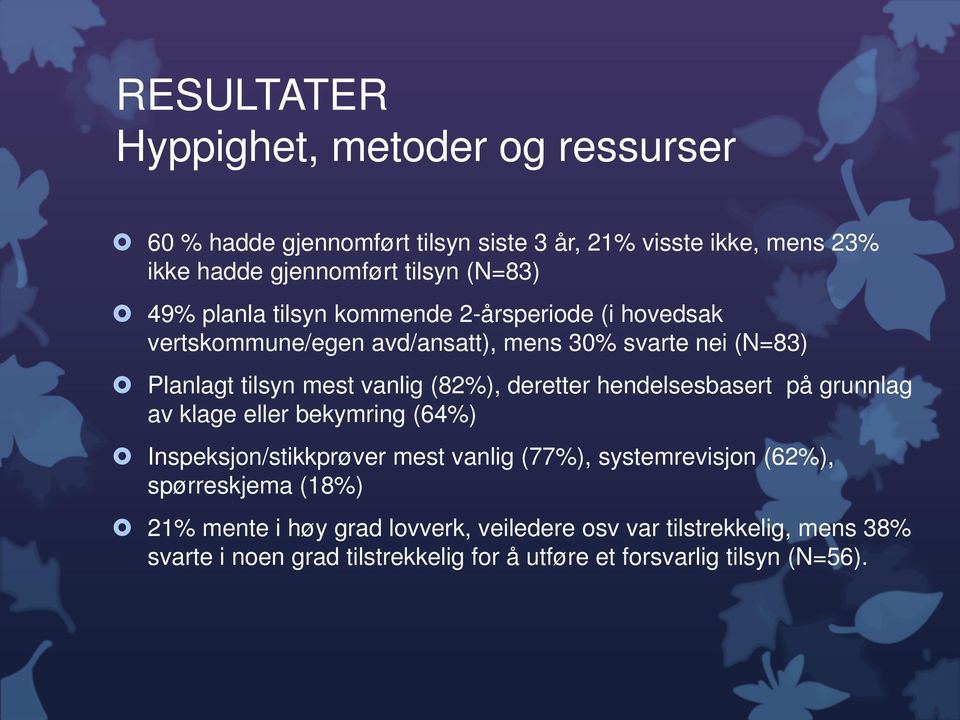 deretter hendelsesbasert på grunnlag av klage eller bekymring (64%) Inspeksjon/stikkprøver mest vanlig (77%), systemrevisjon (62%), spørreskjema