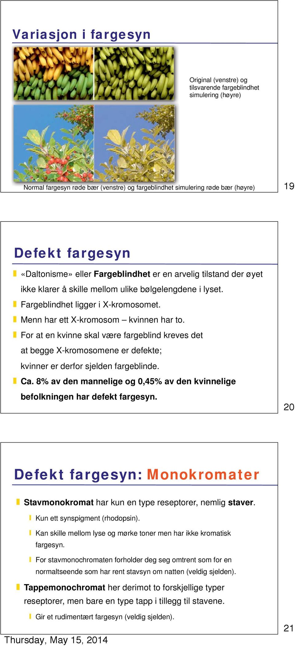 For at en kvinne skal være fargeblind kreves det at begge X-kromosomene er defekte; kvinner er derfor sjelden fargeblinde. Ca.