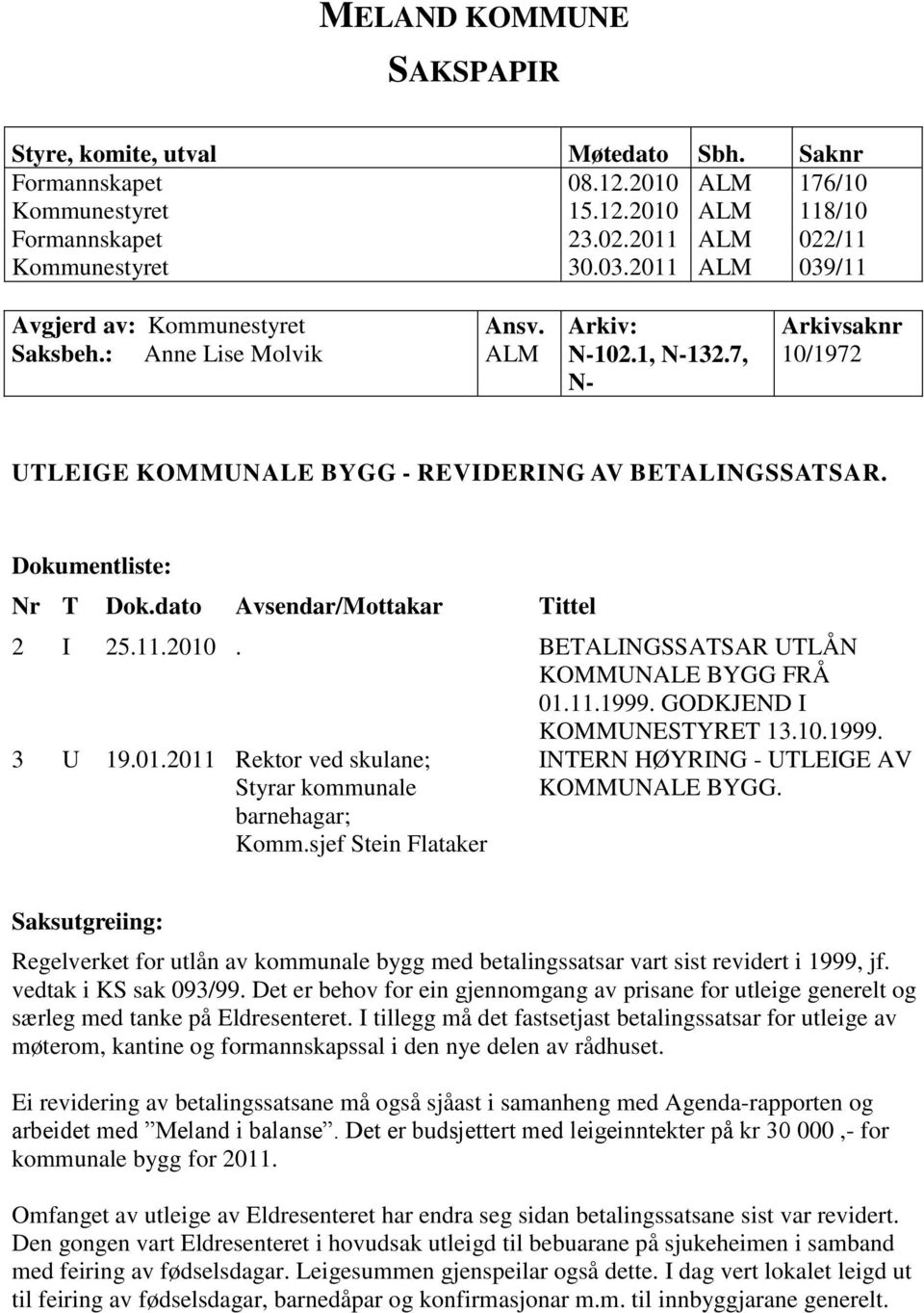 Dokumentliste: Nr T Dok.dato Avsendar/Mottakar Tittel 2 I 25.11.2010. BETALINGSSATSAR UTLÅN KOMMUNALE BYGG FRÅ 01.11.1999. GODKJEND I KOMMUNESTYRET 13.10.1999. 3 U 19.01.2011 Rektor ved skulane; Styrar kommunale barnehagar; Komm.