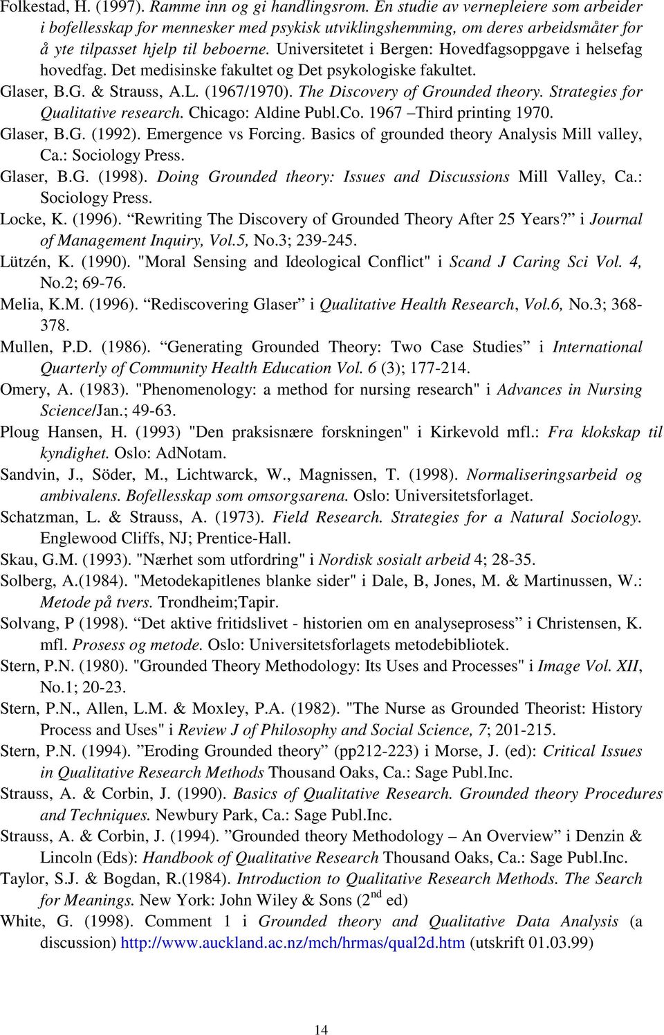 Universitetet i Bergen: Hovedfagsoppgave i helsefag hovedfag. Det medisinske fakultet og Det psykologiske fakultet. Glaser, B.G. & Strauss, A.L. (1967/1970). The Discovery of Grounded theory.