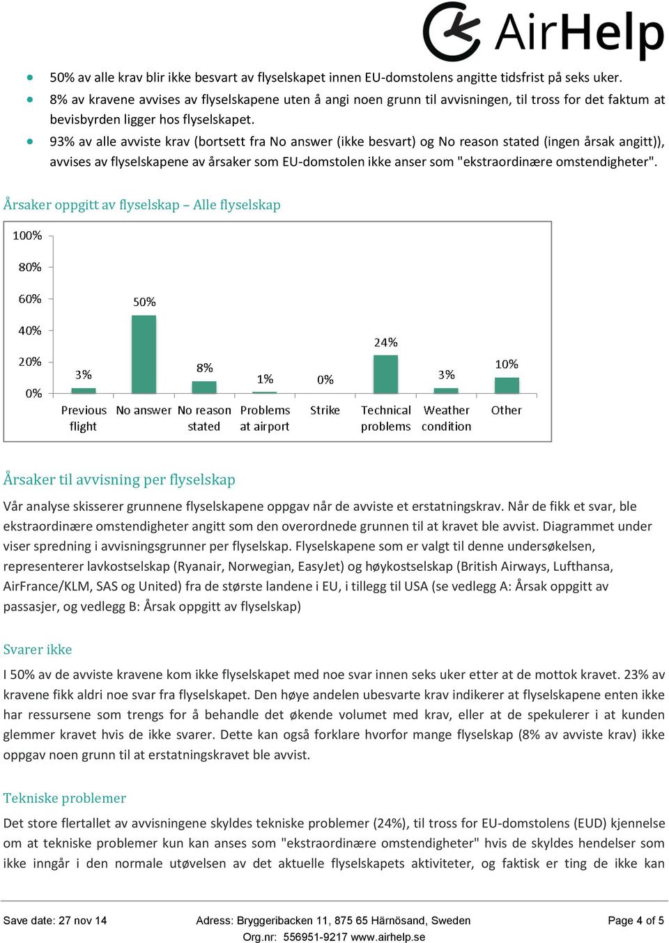 93% av alle avviste krav (bortsett fra No answer (ikke besvart) og No reason stated (ingen årsak angitt)), avvises av flyselskapene av årsaker som EU-domstolen ikke anser som "ekstraordinære