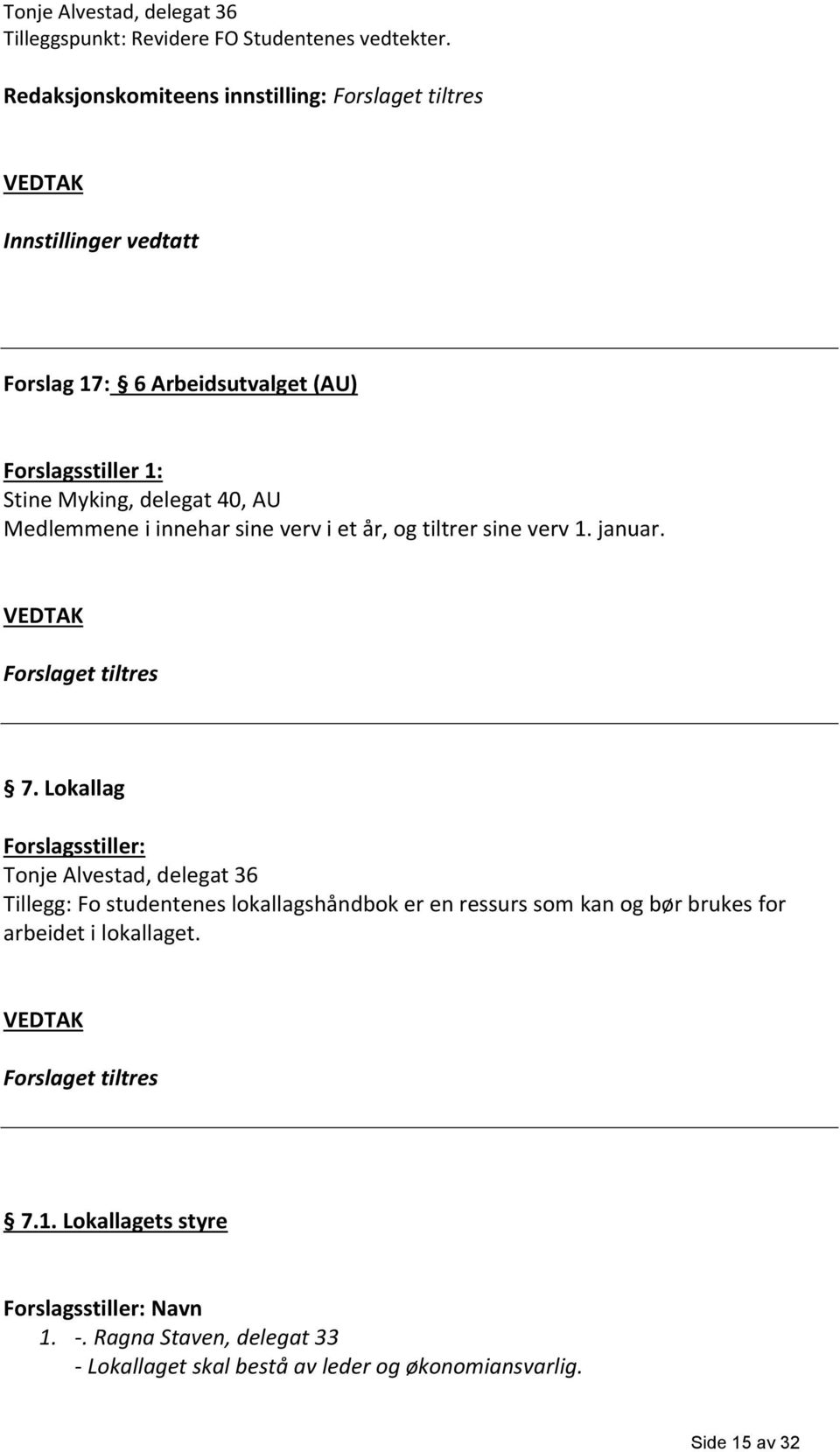 Medlemmene i innehar sine verv i et år, og tiltrer sine verv 1. januar. Forslaget tiltres 7.