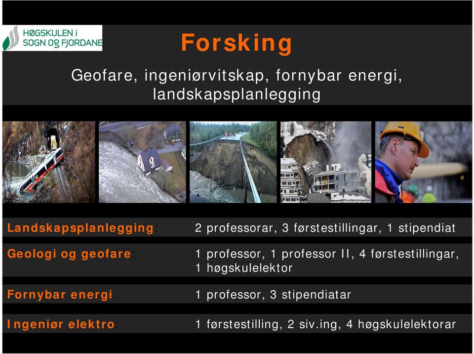 professorar, 3 førstestillingar, 1 stipendiat 1 professor, 1 professor II, 4