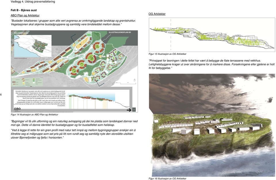 Figur 15 Illustrasjon av OG Arkitetker Prinsippet for løsningen i dette feltet har vært å bebygge de flate terrassene med rekkhus. Leilighetsbyggene krager ut over skråningene for å markere disse.