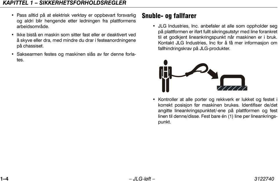 Snuble- og fallfarer JLG Industries, Inc. anbefaler at alle som oppholder seg på plattformen er iført fullt sikringsutstyr med line forankret til et godkjent lineankringspunkt når maskinen er i bruk.