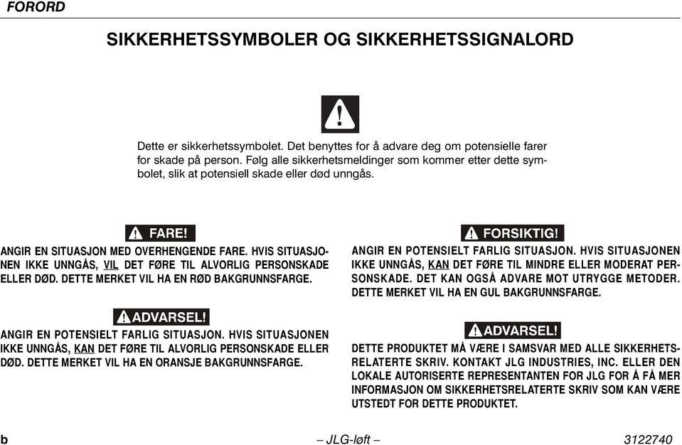 HVIS SITUASJO- NEN IKKE UNNGÅS, VIL DET FØRE TIL ALVORLIG PERSONSKADE ELLER DØD. DETTE MERKET VIL HA EN RØD BAKGRUNNSFARGE. ANGIR EN POTENSIELT FARLIG SITUASJON.