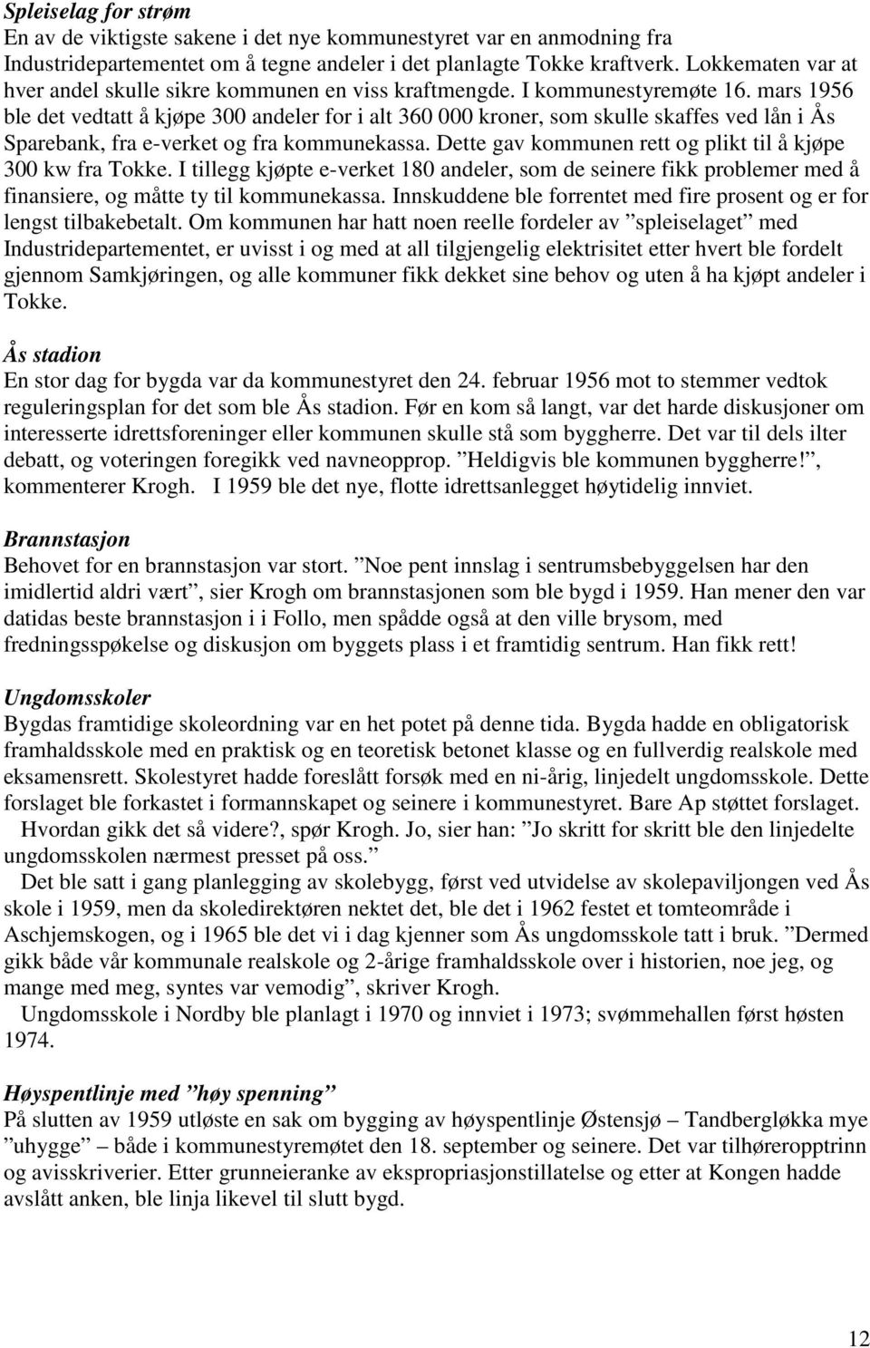 mars 1956 ble det vedtatt å kjøpe 300 andeler for i alt 360 000 kroner, som skulle skaffes ved lån i Ås Sparebank, fra e-verket og fra kommunekassa.