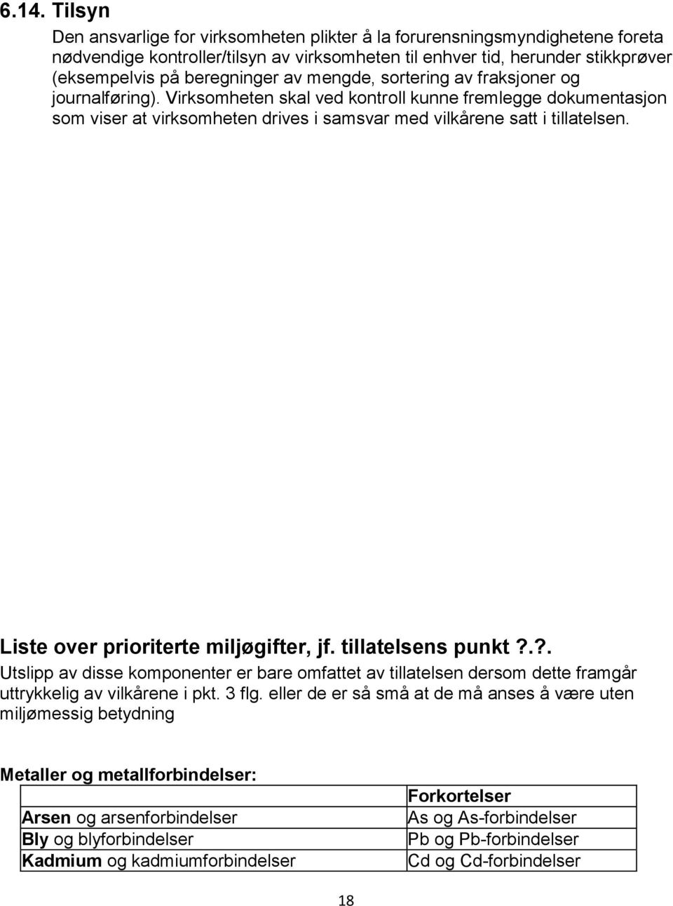 Virksomheten skal ved kontroll kunne fremlegge dokumentasjon som viser at virksomheten drives i samsvar med vilkårene satt i tillatelsen. Liste over prioriterte miljøgifter, jf. tillatelsens punkt?