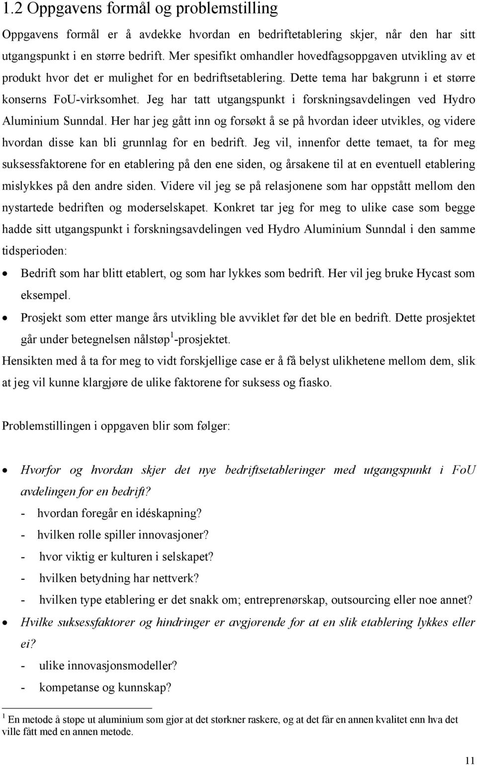 Jeg har tatt utgangspunkt i forskningsavdelingen ved Hydro Aluminium Sunndal. Her har jeg gått inn og forsøkt å se på hvordan ideer utvikles, og videre hvordan disse kan bli grunnlag for en bedrift.