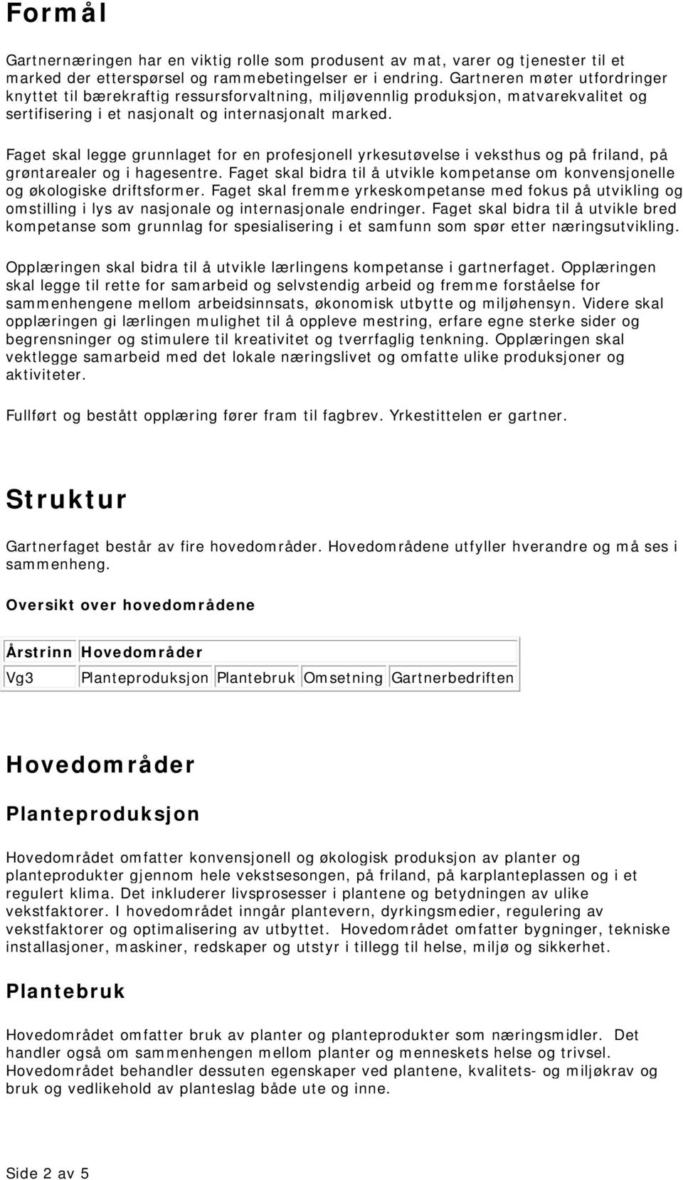 Faget skal legge grunnlaget for en profesjonell yrkesutøvelse i veksthus og på friland, på grøntarealer og i hagesentre.