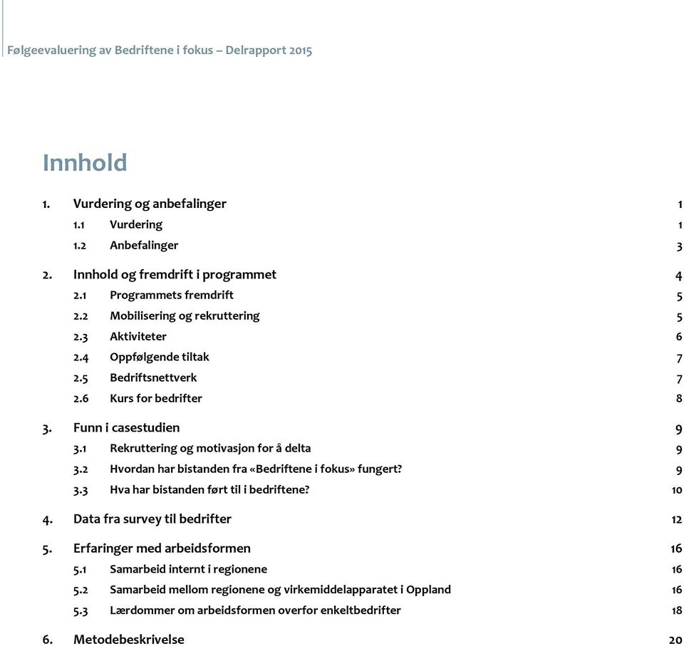 Rekruttering og motivasjon for å delta 9. Hvordan har bistanden fra «Bedriftene i fokus» fungert? 9. Hva har bistanden ført til i bedriftene? 0.