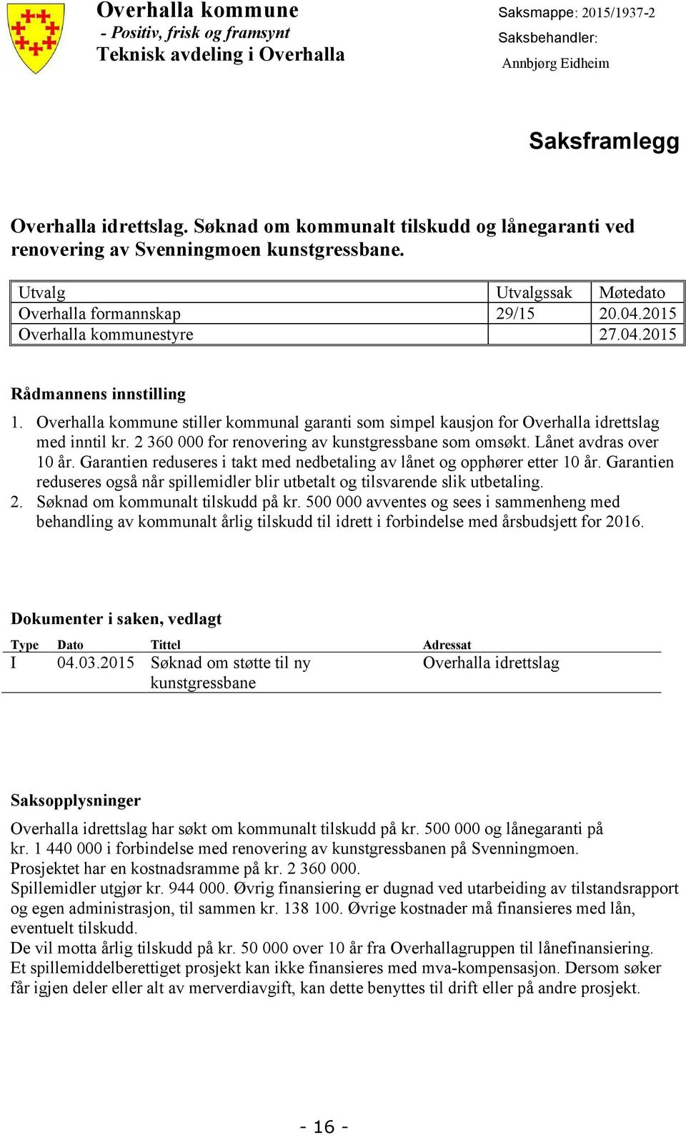 Overhalla kommune stiller kommunal garanti som simpel kausjon for Overhalla idrettslag med inntil kr. 2 360 000 for renovering av kunstgressbane som omsøkt. Lånet avdras over 10 år.