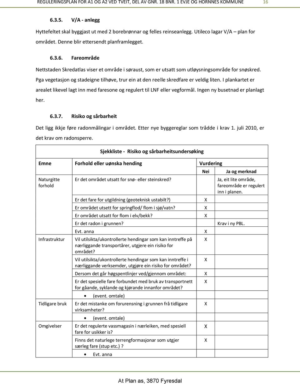 Pga vegetasjon og stadeigne tilhøve, trur ein at den reelle skredfare er veldig liten. I plankartet er arealet likevel lagt inn med faresone og regulert til LNF eller vegformål.