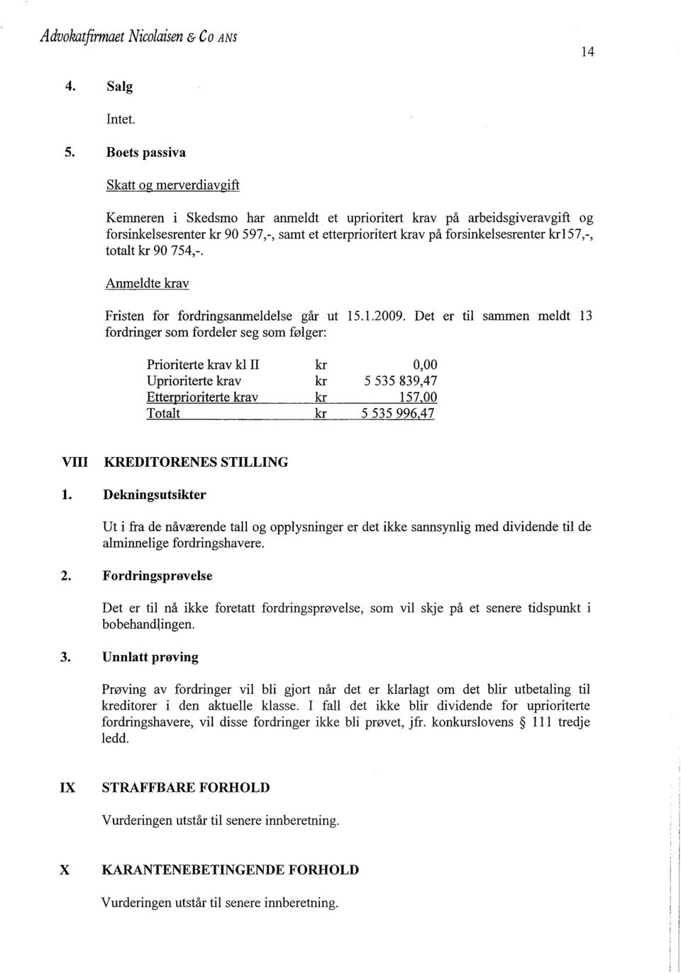 15 7, -, totalt kr 90 754,-. Aneldte krav Fristen for fordringsaneldelse går ut 15.1.2009.