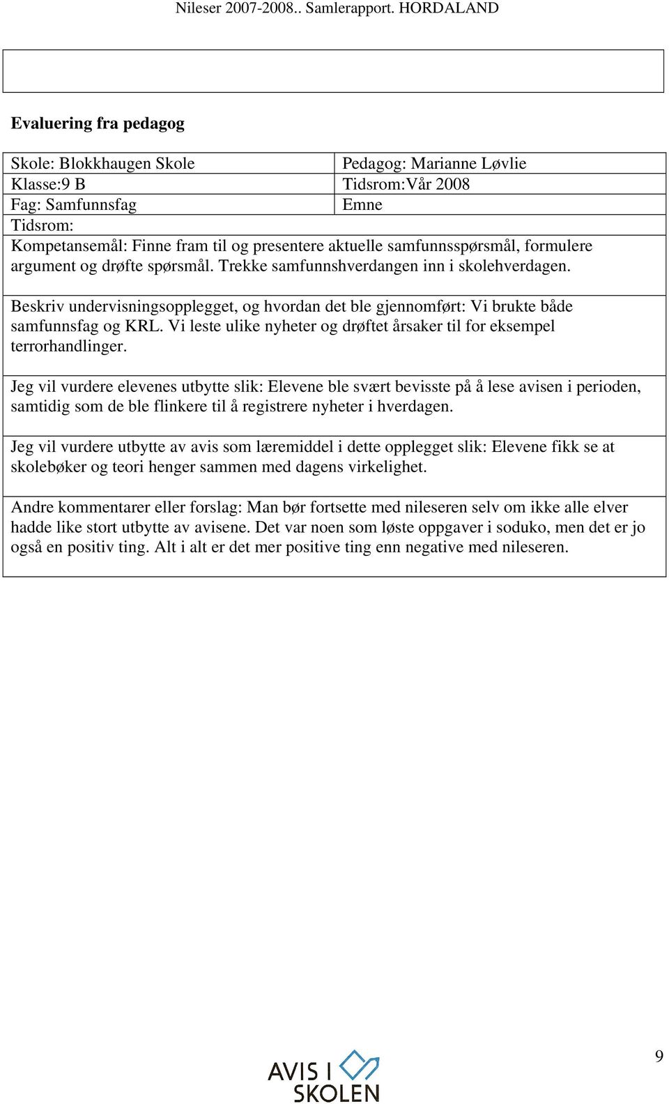 Beskriv undervisningsopplegget, og hvordan det ble gjennomført: Vi brukte både samfunnsfag og KRL. Vi leste ulike nyheter og drøftet årsaker til for eksempel terrorhandlinger.