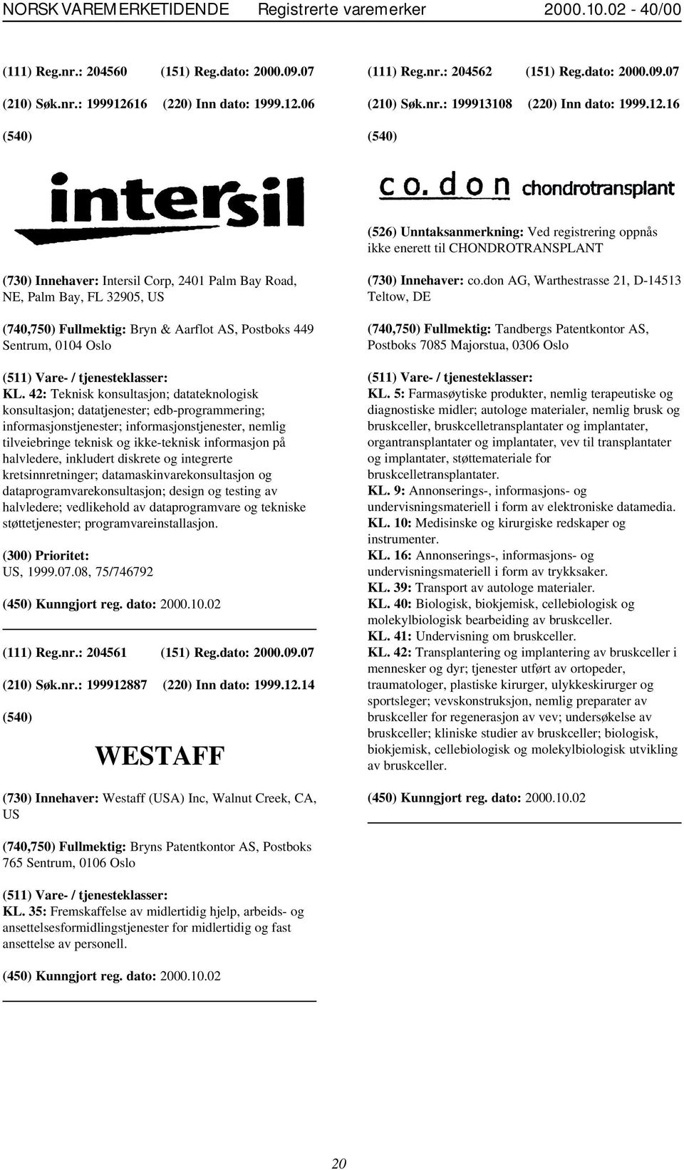 16 (526) Unntaksanmerkning: Ved registrering oppnås ikke enerett til CHONDROTRANSPLANT (730) Innehaver: Intersil Corp, 2401 Palm Bay Road, NE, Palm Bay, FL 32905, US (740,750) Fullmektig: Bryn &