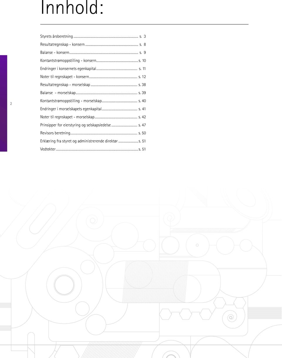 .. s. 40 Endringer i morselskapets egenkapital... s. 41 Noter til regnskapet - morselskap... s. 42 Prinsipper for eierstyring og selskapsledelse... s. 47 Revisors beretning.