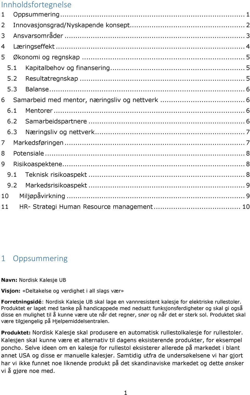 .. 8 9 Risikoaspektene... 8 9.1 Teknisk risikoaspekt... 8 9.2 Markedsrisikoaspekt... 9 10 Miljøpåvirkning... 9 11 HR- Strategi Human Resource management.