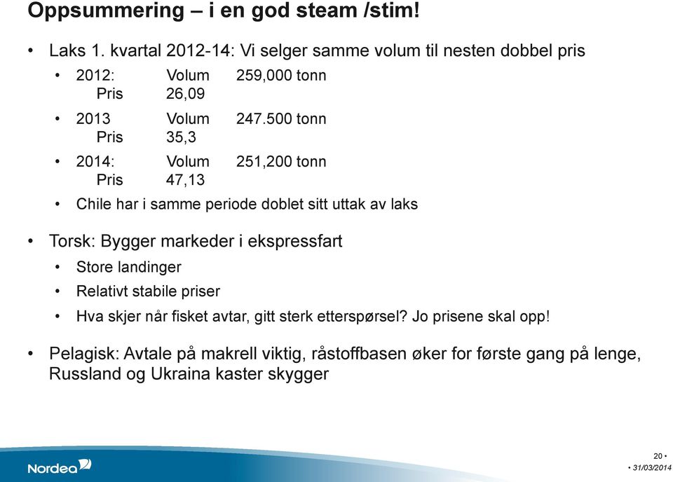 500 tonn Pris 35,3 2014: Volum 251,200 tonn Pris 47,13 Chile har i samme periode doblet sitt uttak av laks Torsk: Bygger markeder i