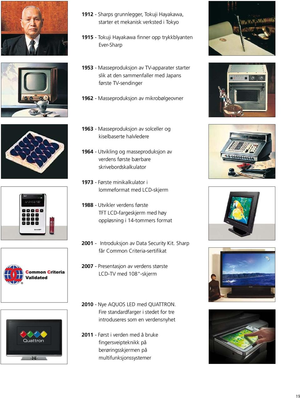 første bærbare skrivebordskalkulator 1973 - Første minikalkulator i lommeformat med LCD-skjerm 1988 - Utvikler verdens første TFT LCD-fargeskjerm med høy oppløsning i 14-tommers format 2001 -